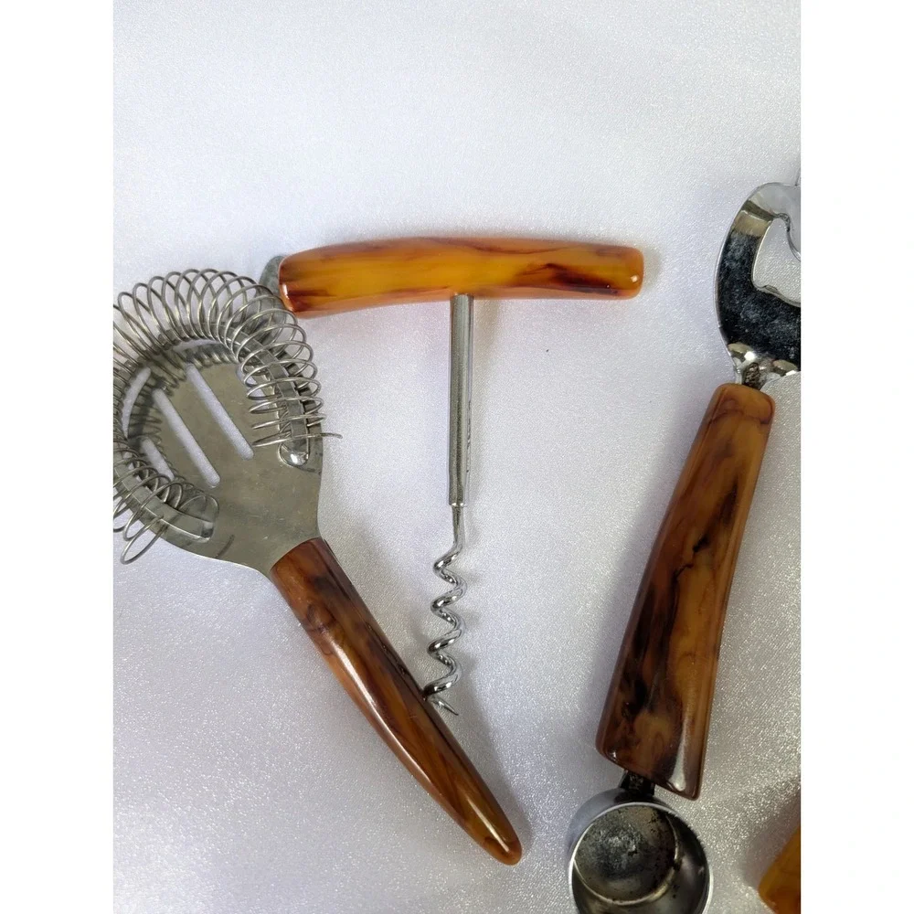 Vintage Bakelite 4 piece Barware Set Cocktail‎ Strainer Corkscrew Bottle Opener